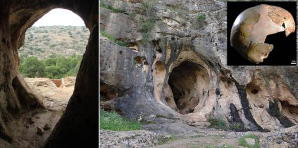 The entrance to Skhul Cave on Mount Carmel, Israel, with Inset; Skhul 1 skull.
