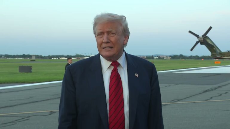 President Trump Gaggles with Press at Lehigh Valley International Airport, Aug. 3, 2025