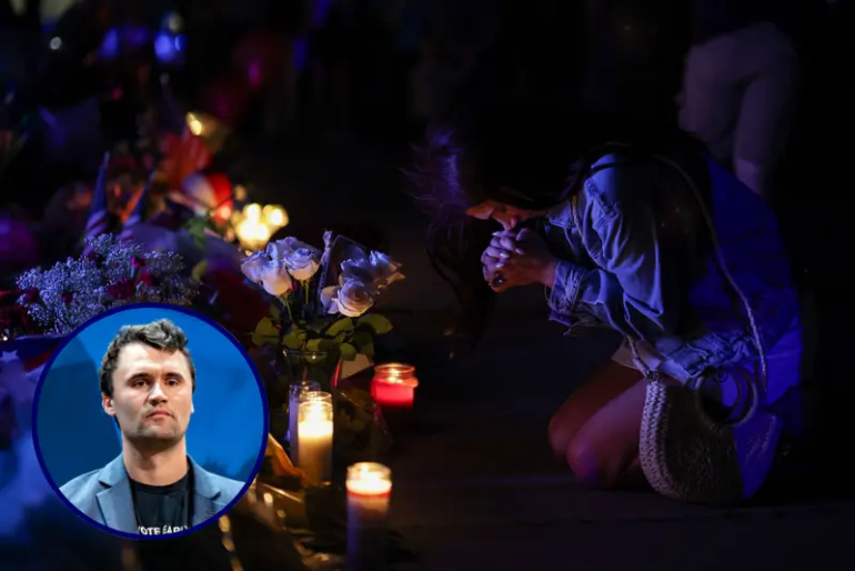 A woman reacts at a memorial for Charlie Kirk at the Turning Point USA headquarters on September 11, 2025 in Phoenix, Arizona. Kirk the CEO and co-founder of Turning Point USA was shot and killed on Wednesday in Utah. on September 11, 2025 in Phoenix, Arizona. (Photo by Eric Thayer/Getty Images) / Conservative political activist Charlie Kirk, founder of Turning Point Action, speaks during a meeting on the campus of the University of Arizona in Tucson on October 17, 2024. Charlie Kirk's Turning Point Action, a conservative campaign group, is working extra hard to get Republican Donald Trump elected, and has hired thousands of canvassers to get out the vote. (Photo by Olivier Touron / AFP) (Photo by OLIVIER TOURON/AFP via Getty Images)