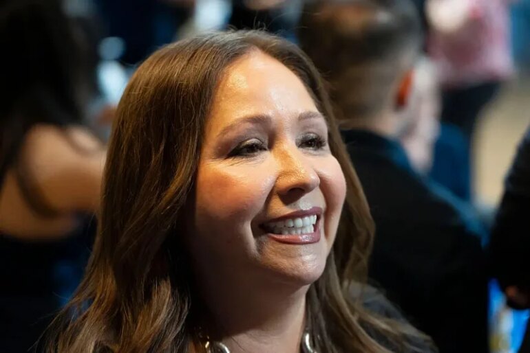 Democratic U.S. congressional candidate Adelita Grijalva speaks to the media during a primary election-night party at El Casino Ballroom on July 15, 2025 in South Tucson, Arizona. Grijalva, the Pima County supervisor, is running in a special election held for the state's 7th District seat vacated by the death of her father, longtime U.S. Rep. Raul Grijalva. (Photo by Rebecca Noble/Getty Images)