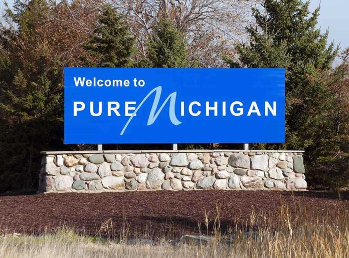 Welcome sign for Pure Michigan with a blue background and stone base