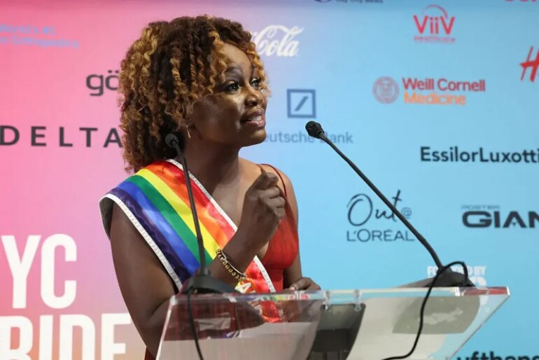 NEW YORK, NEW YORK - JUNE 29: Grand marshal Karine Jean-Pierre speaks during the 2025 New York City Pride March on June 29, 2025 in New York City. (Photo by Manoli Figetakis/Getty Images)