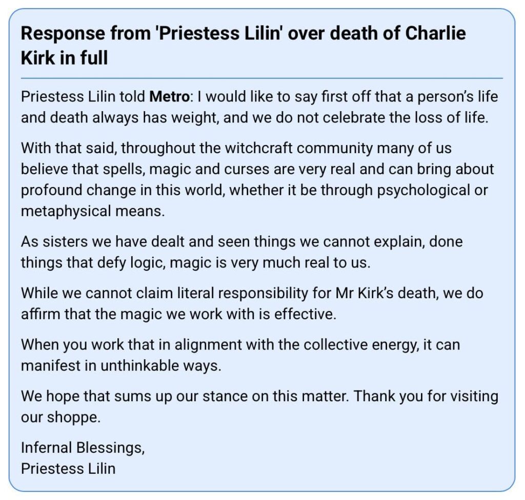 MURDER? Witch Who Put Curse On Charlie Kirk Just Days Before His Death Now “Regrets Any Distress Experienced” * 100PercentFedUp.com * by Noah