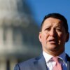 WASHINGTON, DC - NOVEMBER 14: U.S. Rep. Tony Gonzales (R-TX) speaks alongside U.S. Rep. Marjorie Taylor Greene (R-GA) at a news conference on border security outside of the U.S. Capitol Building on November 14, 2023 in Washington, DC. The House Republicans spoke to reporters about the tabled impeachment motion for U.S. Homeland Security Secretary Alejandro Mayorkas and the southern border. (Photo by Anna Moneymaker/Getty Images)