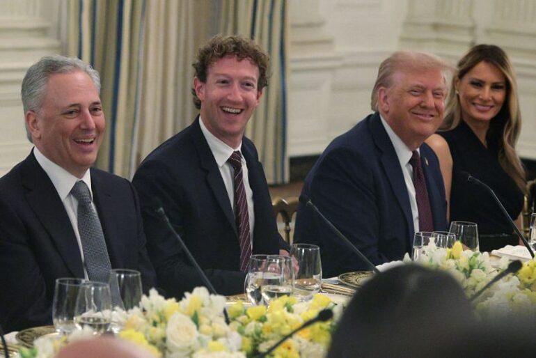 WASHINGTON, DC - SEPTEMBER 04: (L-R) White House “AI and Crypto Czar” David Scahs, Meta CEO Mark Zuckerberg, U.S. President Donald Trump and first lady Melania Trump share a moment during a dinner at the State Dining Room of the White House on September 4, 2025 in Washington, DC. President Trump hosted tech and business leaders for dinner after they joined the first lady’s meeting of the Artificial Intelligence (AI) Education Task Force at the White House this afternoon. (Photo by Alex Wong/Getty Images)