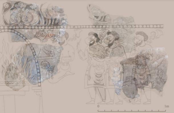 Reconstruction of the scene of fire worship from the ‘Rectangular Hall’ laid over reconstructed placement of the painting fragments from the scene of fire worship