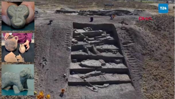 The current excavation site at Karahöyü, with inset artifacts found.