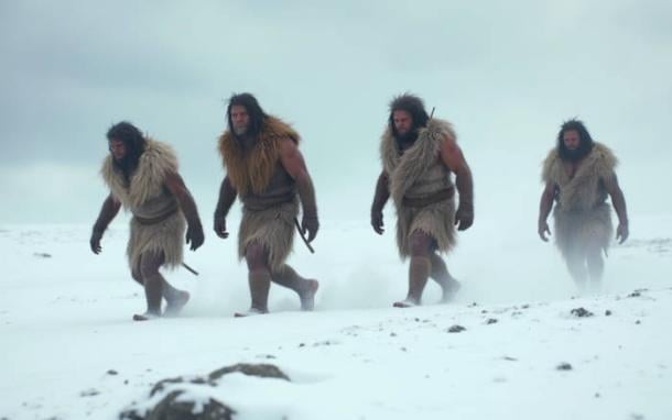Early humans walking in Ice Age conditions in prehistoric Britain.