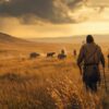Prehistoric Hunters Sunset Journey Bison Grassland Ancient Spears. (AI generated)