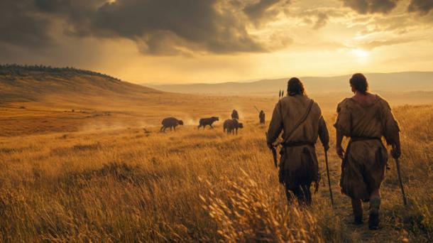 Prehistoric Hunters Sunset Journey Bison Grassland Ancient Spears. (AI generated)