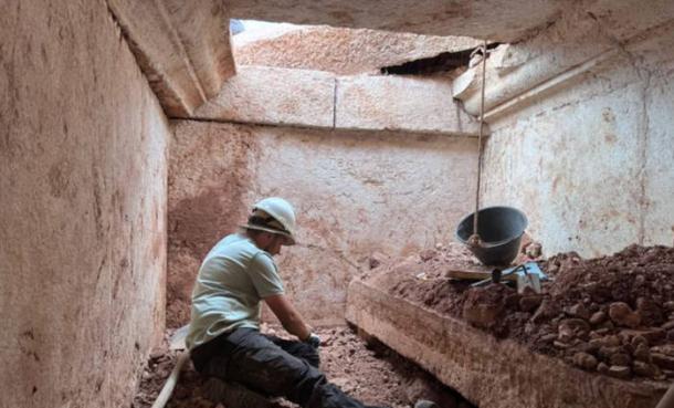 Archaeologists excavating Albania's first monumental Roman tomb.