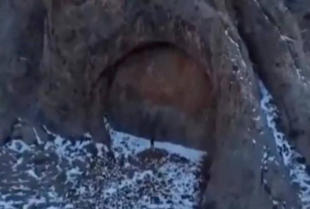Drone footage showing the massive stone doorway formation in Kazakhstan's Dzungarian Alatau mountains