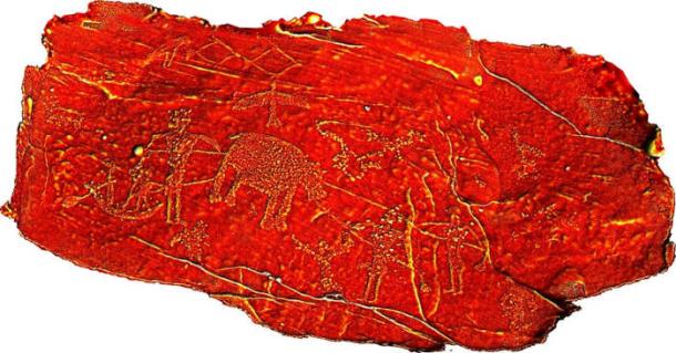 Rock art showing ruler's hippopotamus hunt combined with motif of defeating enemies showing royal dominance.