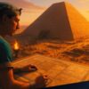 Artistic visualization of a pharaoh supervising pyramid construction.