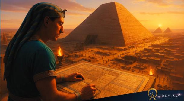 Artistic visualization of a pharaoh supervising pyramid construction.