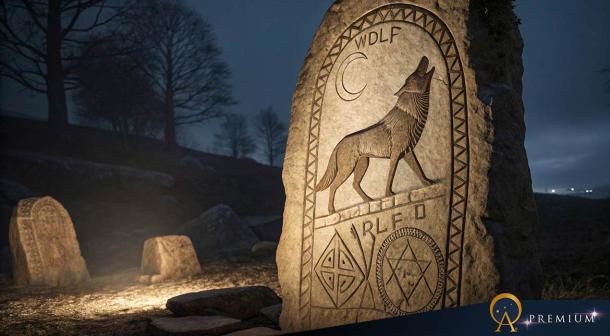 Ancient Norse rune stone carving showing wolf figures