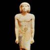 Unique limestone family statue from Gisr el-Mudir, Saqqara, showing nobleman with wife and daughter in mixed artistic styles from the Fifth Dynasty period
