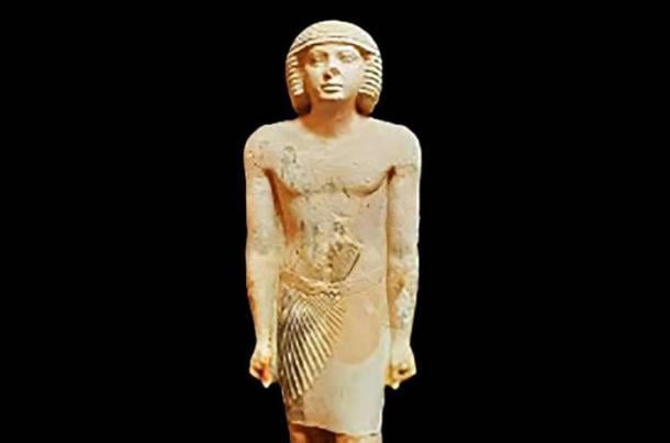 Unique limestone family statue from Gisr el-Mudir, Saqqara, showing nobleman with wife and daughter in mixed artistic styles from the Fifth Dynasty period