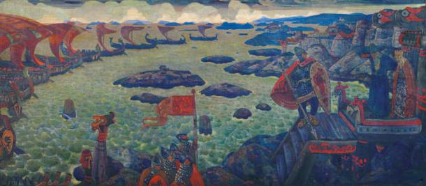 Ready for the Campaign (The Varangian Sea) (1910), by Nicholas Roerich, depicts Viking-era Scandinavian traders on the banks of the Dnieper River in eastern Europe.