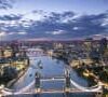 Ellevated view over London's River Thames and city financial district skyline.