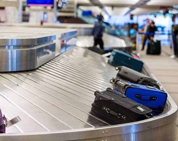 Luggage on a conveyor belt at an airport baggage claim area