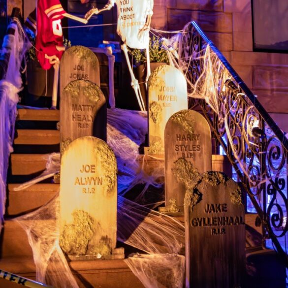 Taylor Swift Halloween house on Garden Street in Hoboken with decorations with skeletons and tombstones of her exes.