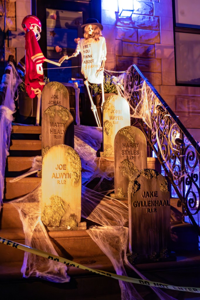 Taylor Swift Halloween house on Garden Street in Hoboken with decorations with skeletons and tombstones of her exes.
