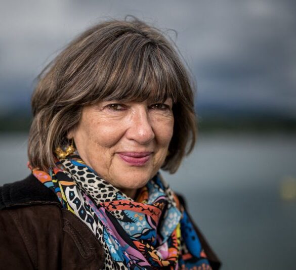 British-Iranian journalist and television host Christiane Amanpour poses for a photograph during the presentation of the exhibition "Dessins pour la liberte" (Cartoons for peace), marking the international press freedom day on the shores of Lake Geneva, in Geneva on May 3, 2024. (Photo by Fabrice COFFRINI / AFP) (Photo by FABRICE COFFRINI/AFP via Getty Images)