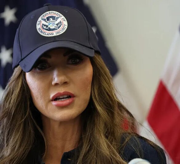 US Department of Homeland Security Secretary Kristi Noem speaks during a news conference at the Wilshire Federal Building in Los Angeles on June 12, 2025. US President Donald Trump said Thursday that Los Angeles was "safe and sound" for the past two nights, crediting his deployment of thousands of troops to quell anti-deportation protests, as California prepared for a legal showdown over his unprecedented move. With protests spreading across the United States, a night-time curfew has been in place in its second-largest city with authorities tackling vandalism and looting that scarred a few city blocks. (Photo by Patrick T. Fallon / AFP) (Photo by PATRICK T. FALLON/AFP via Getty Images)