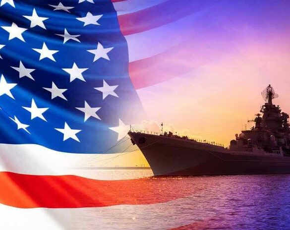 American flag overlaying warship at sunset.