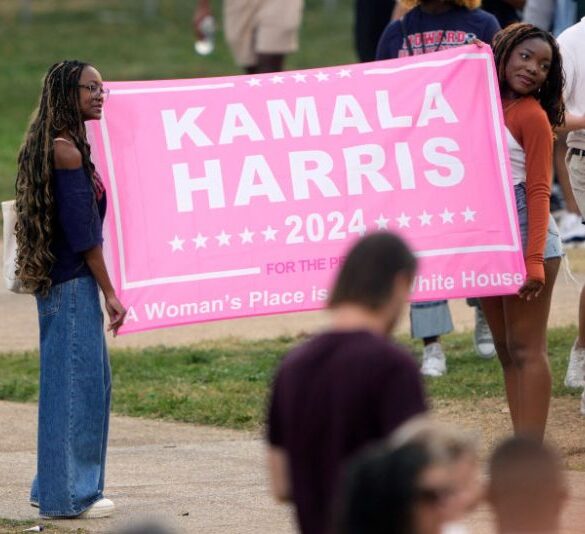 WASHINGTON, DC - NOVEMBER 06: Supporters hold up a sign for Democratic presidential nominee, U.S. Vice President Kamala Harris as they wait to hear her speak at Howard University on November 06, 2024 in Washington, DC. After a contentious campaign focused on key battleground states, the Republican presidential nominee, former U.S. President Donald Trump was projected to secure the majority of electoral votes, giving him a second term as U.S. President. Republicans also secured control of the Senate for the first time in four years. (Photo by Kent Nishimura/Getty Images)
