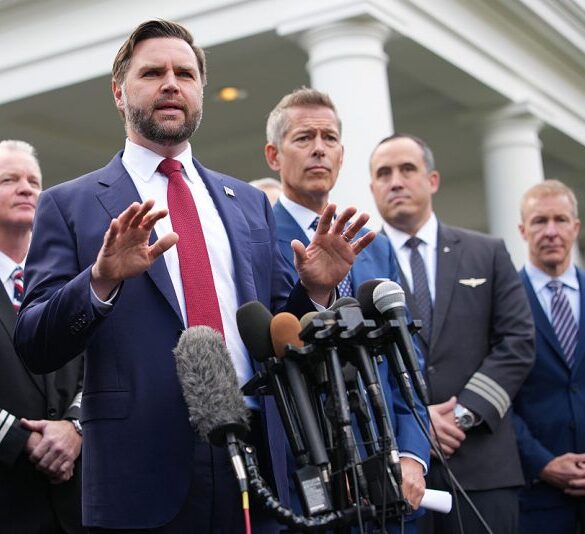 WASHINGTON, DC - OCTOBER 30: U.S. Vice President JD Vance, joined by Transportation Secretary Sean Duffy (R) and members of the airline industry, speaks to reporters outside the White House on October 30, 2025 in Washington, D.C. Vance spoke following a roundtable discussion with members of the aviation industry and Transportation Secretary Sean Duffy on the impacts of the government shutdown. (Photo by Kevin Dietsch/Getty Images)