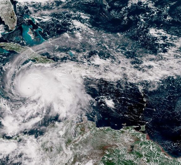 IN SPACE, CARIBBEAN SEA - OCTOBER 27: (EDITOR'S NOTE: This Handout image was provided by a third-party organization and may not adhere to Getty Images' editorial policy.) In this handout satellite image provided by the National Oceanic and Atmospheric Administration (NOAA), Hurricane Melissa churns northwest through the Caribbean Sea captured at 17:00Z on October 27, 2025. Hurricane Melissa has intensified into a Category 5 storm as it approaches Jamaica, according to the National Hurricane Center. (Photo by NOAA via Getty Images)