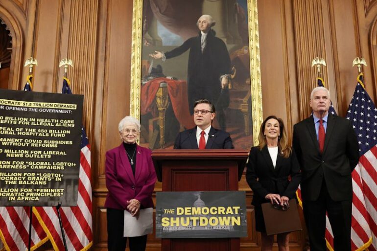 WASHINGTON, DC - OCTOBER 14: U.S. Speaker of the House Mike Johnson (R-LA) speaks at a news conference at the U.S. Capitol on October 14, 2025 in Washington, DC. The government remains shut down after Congress failed to reach a funding deal 14 days ago. Johnson was joined by Chair of the House Rules Committee Rep. Virginia Foxx (R-NC), House Majority Conference Chair Lisa McClain (R-MI), and House Majority Whip Tom Emmer (R-MN). (Photo by Anna Moneymaker/Getty Images)