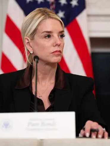 WASHINGTON, DC - OCTOBER 08: U.S. Attorney General Pam Bondi looks on during a roundtable discussion in the State Dining Room of the White House on October 08, 2025 in Washington, DC. Trump’s administration held the roundtable to discuss the anti-fascist Antifa movement after signing an executive order designating it as a “domestic terrorist organization”. (Photo by Anna Moneymaker/Getty Images)