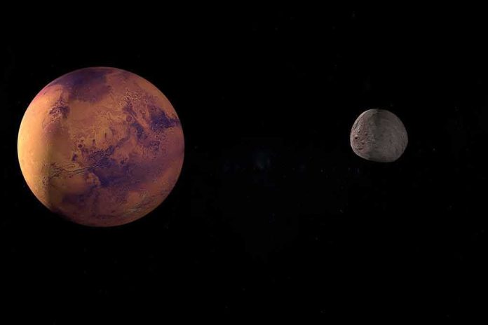 A depiction of Mars and its moon in outer space