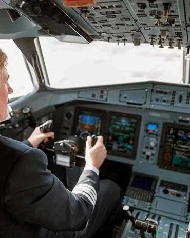 Pilot in cockpit operating airplane controls.