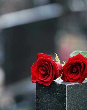 Two red roses on a gravestone.