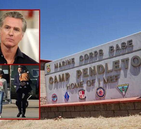 View of the main entrance to Camp Pendleton on July 26, 2019 in Oceanside, California. Sixteen Marines were arrested at Camp Pendleton Thursday morning during battalion formation for various illegal activities ranging from human smuggling to drug-related offenses. (Photo by Sandy Huffaker/Getty Images) / California Governor Gavin Newsom listens before speaking during a press conference announcing $11 insulin and prescription drugs with the CalRX program inside a Cedars-Sinai pharmacy in Los Angeles, California on October 16, 2025. (Photo by Patrick T. Fallon / AFP) (Photo by PATRICK T. FALLON/AFP via Getty Images) / U.S. Vice President JD Vance and Second Lady Usha Vance walk to board Air Force Two on October 17, 2025 at Joint Base Andrews, Maryland. Vice President Vance and Second Lady Usha Vance are on their way to Southern California to attend the 250th anniversary celebration of the Marine Corps at Camp Pendleton, near San Diego. (Photo by Oliver Contreras-Pool/Getty Images)
