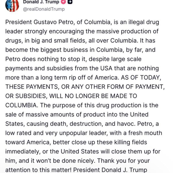 President Trump Cuts Off All U.S. Funding To Colombia — And I Have One Question… * 100PercentFedUp.com * by Noah