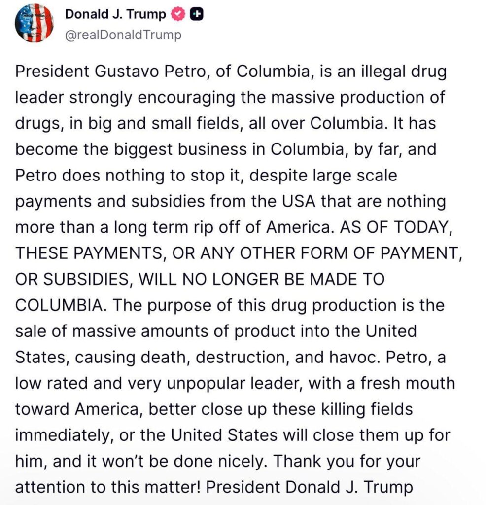 President Trump Cuts Off All U.S. Funding To Colombia — And I Have One Question… * 100PercentFedUp.com * by Noah