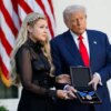 WASHINGTON, DC - OCTOBER 14: U.S. President Donald Trump posthumously awards the Presidential Medal of Freedom to late conservative activist Charlie Kirk as he presents the Medal to his wife Erika Kirk (L) during a ceremony in the Rose Garden of the White House on October 14, 2025 in Washington, DC. Today marks the National Day of Remembrance for Charlie Kirk who was shot and killed on September 10th at Utah Valley University. (Photo by Kevin Dietsch/Getty Images)