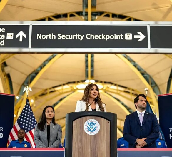 ARLINGTON, VA - JULY 8: U.S. Secretary of Homeland Security Kristi Noem, flanked by Deputy Administrator of the Transportation Security Administration Ha McNeil and Adam Stahl, TSA Senior Official Performing the Duties of the Administrator, speaks during a news conference at Ronald Reagan Washington National Airport on July 8, 2025 in Arlington, Virginia. For the first time in nearly two decades, the TSA is easing its shoe removal rule introduced five years after a 2001 shoe-bombing attempt by allowing some travelers to keep their shoes on at security checkpoints. (Photo by Kent Nishimura/Getty Images)