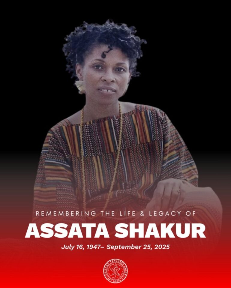 A tribute image to Assata Shakur with a picture of her and her birth and death dates listed.