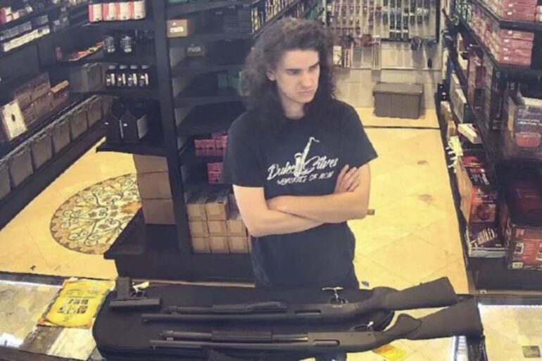 Nicholas Roske, would be assassin of Supreme Court Justice Brett Kavanaugh is seen in surveillance footage released by the US Depart of Justice Footage at a gun shop on May 23, 2022.