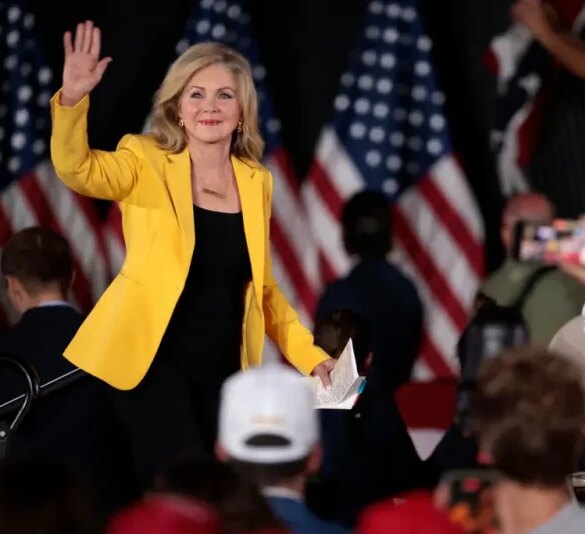 US Sen. Marsha Blackburn (R-TN) waves as she arrives for a town hall with former US President and Republican presidential candidate Donald Trump at Macomb Community College in Warren, Michigan, on September 27, 2024. (Photo by JEFF KOWALSKY / AFP) (Photo by JEFF KOWALSKY/AFP via Getty Images)