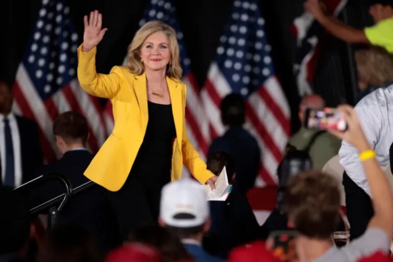 US Sen. Marsha Blackburn (R-TN) waves as she arrives for a town hall with former US President and Republican presidential candidate Donald Trump at Macomb Community College in Warren, Michigan, on September 27, 2024. (Photo by JEFF KOWALSKY / AFP) (Photo by JEFF KOWALSKY/AFP via Getty Images)