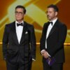 LOS ANGELES, CALIFORNIA - SEPTEMBER 22: (L-R) Stephen Colbert and Jimmy Kimmel speak onstage during the 71st Emmy Awards at Microsoft Theater on September 22, 2019 in Los Angeles, California. (Photo by Kevin Winter/Getty Images)