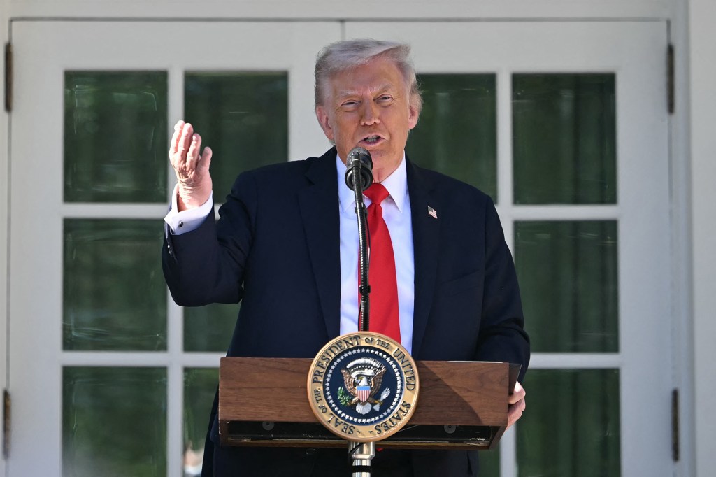 President Donald Trump speaks at the Rose Garden of the White House in Washington, DC, on October 21, 2025.
