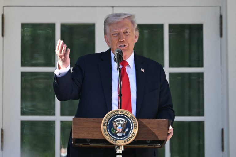 President Donald Trump speaks at the Rose Garden of the White House in Washington, DC, on October 21, 2025.